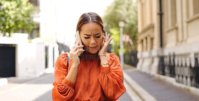 Buy stock photo Businesswoman, frustrated and phone call by talking in city with noise, online or commute to work. Female, person and stressed for loss with signal, connection or internet on mobile for communication