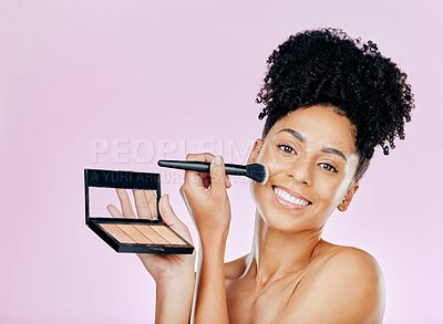 Buy stock photo Makeup brush, palette and studio portrait of happy woman with tools, beauty product or cosmetics powder choice. Mirror, facial cosmetology treatment and face of dermatology person on pink background