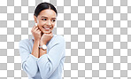 Happy, thinking and woman shy with fist on face and excited isolated in a transparent or png background. Smile, excited and surprised attractive young female with wow facial expression for gossip