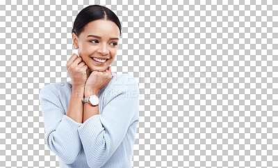 Buy stock photo Happy, thinking and woman shy with fist on face and excited isolated in a transparent or png background. Smile, excited and surprised attractive young female with wow facial expression for gossip
