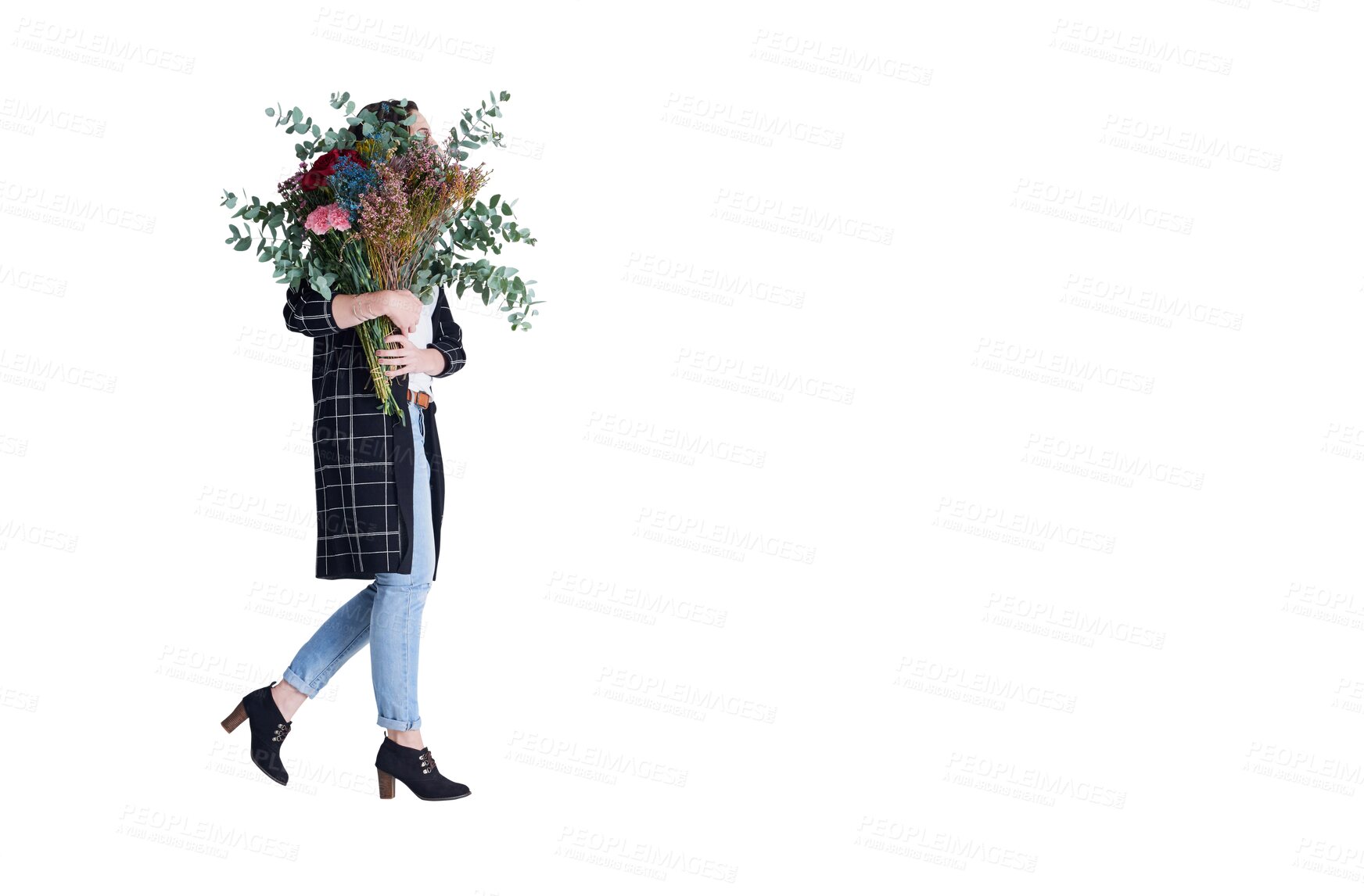 Buy stock photo Woman, bouquet and walking with flowers for surprise isolated on transparent png background. Nature, gift or floral present with hidden girl for romantic celebration, plants and natural reward