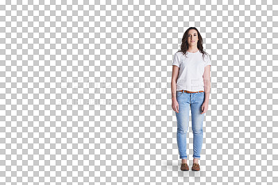 Buy stock photo Woman, fashion and confident portrait in trendy clothes, gen z aesthetic and positive attitude in relax jeans. Egyptian person, calm face or college student for isolated on transparent png background