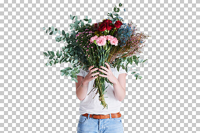 Buy stock photo Flowers, woman or hide face for creative in nature aesthetic, spring design abstract or gift of art studio mockup. Anonymous person, hands or floral bouquet by isolated on transparent png background 