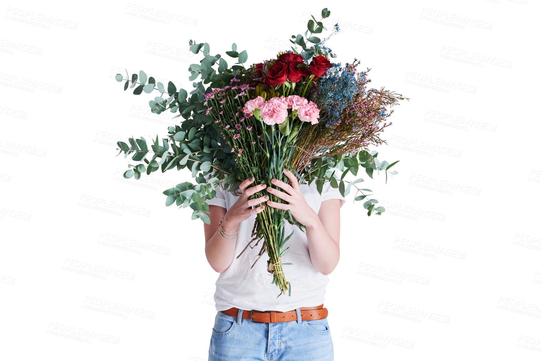 Buy stock photo Flowers, woman or hide face for creative in nature aesthetic, spring design abstract or gift of art studio mockup. Anonymous person, hands or floral bouquet by isolated on transparent png background 