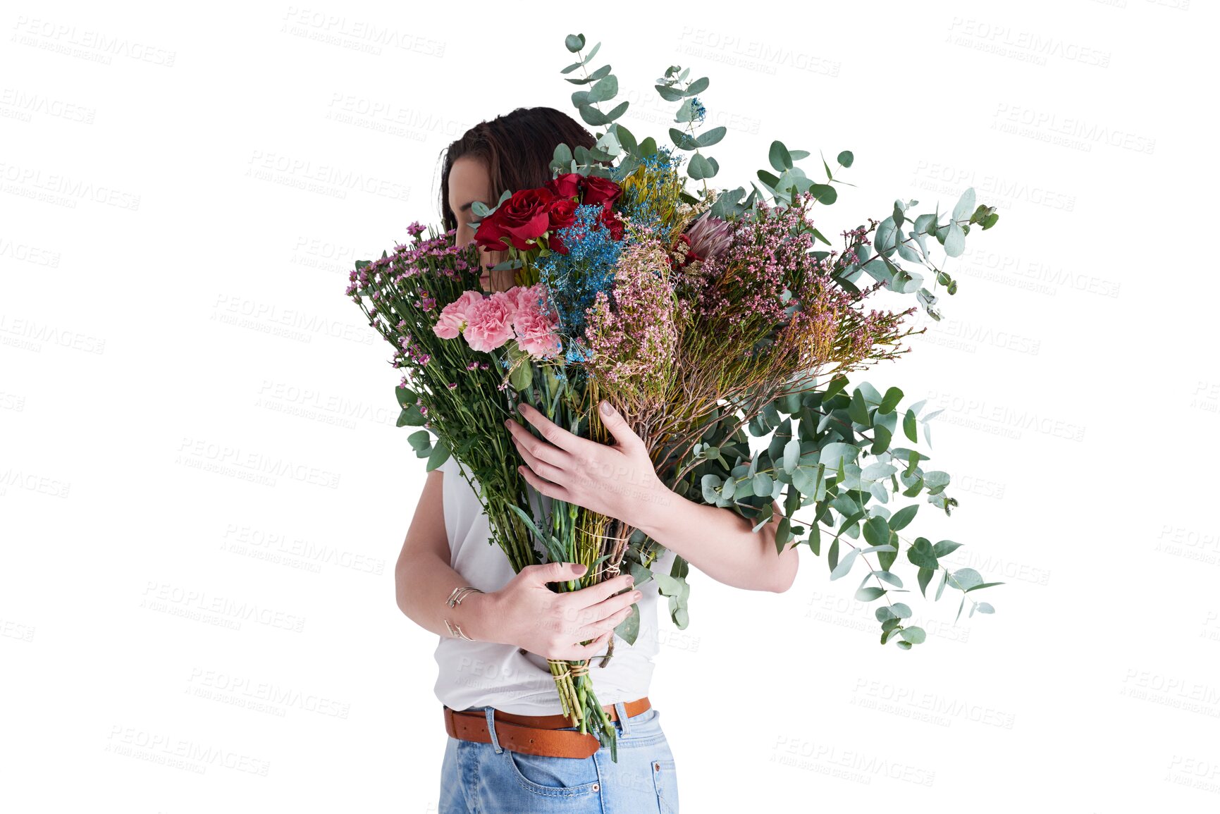 Buy stock photo Woman with flowers to cover face, isolated on transparent png background for love and surprise. Nature, bouquet gift and hidden girl with romantic celebration, floral present and reward for delivery.