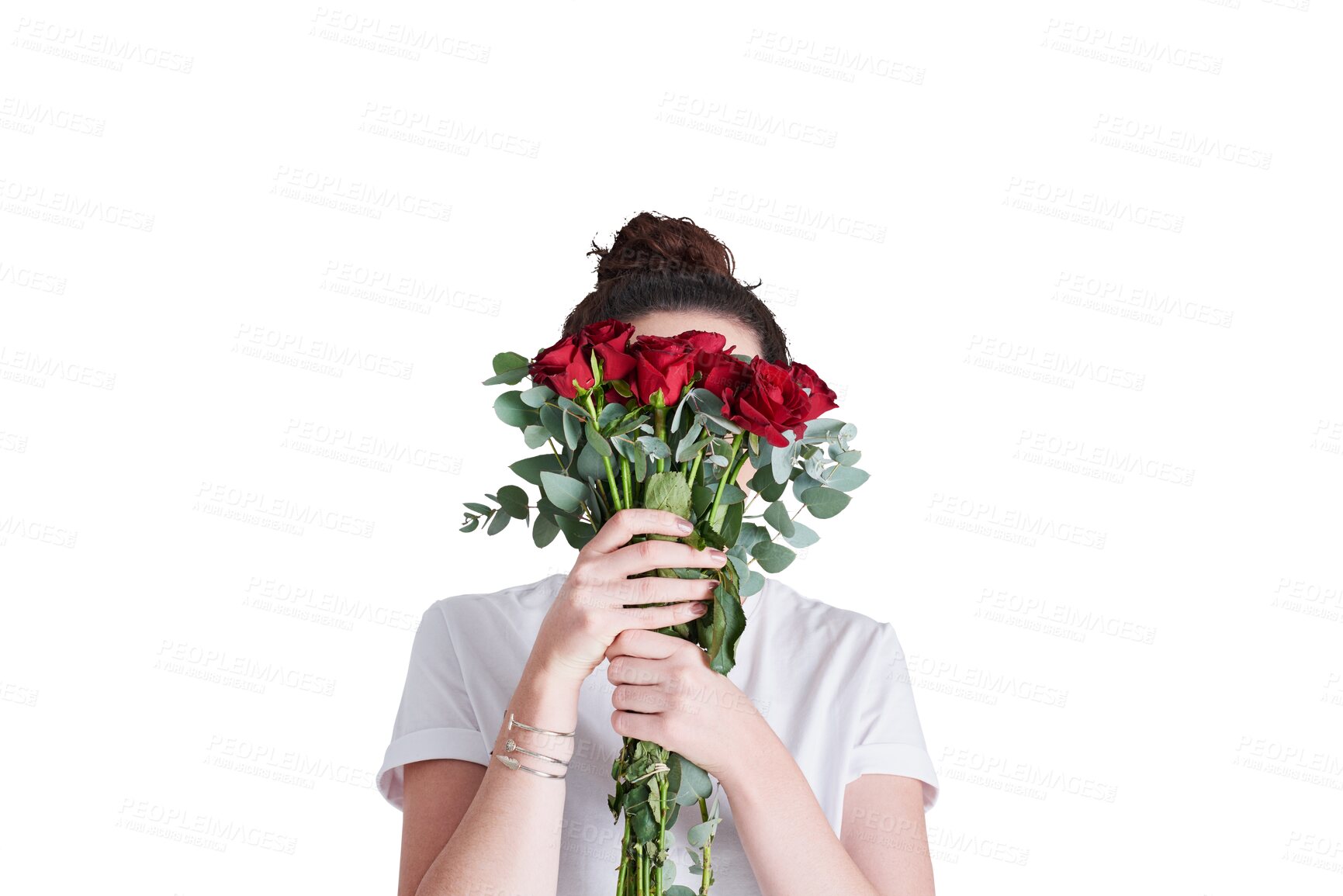 Buy stock photo Woman with bunch of flowers to cover face, isolated on transparent png background for love and surprise gift. Bouquet, red roses and hidden girl with romantic celebration, floral present and reward.