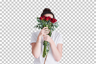 Buy stock photo Woman with roses to cover face, isolated on transparent png background for love and surprise gift. Nature, red flower bouquet and hidden girl with romantic celebration, floral present and reward.