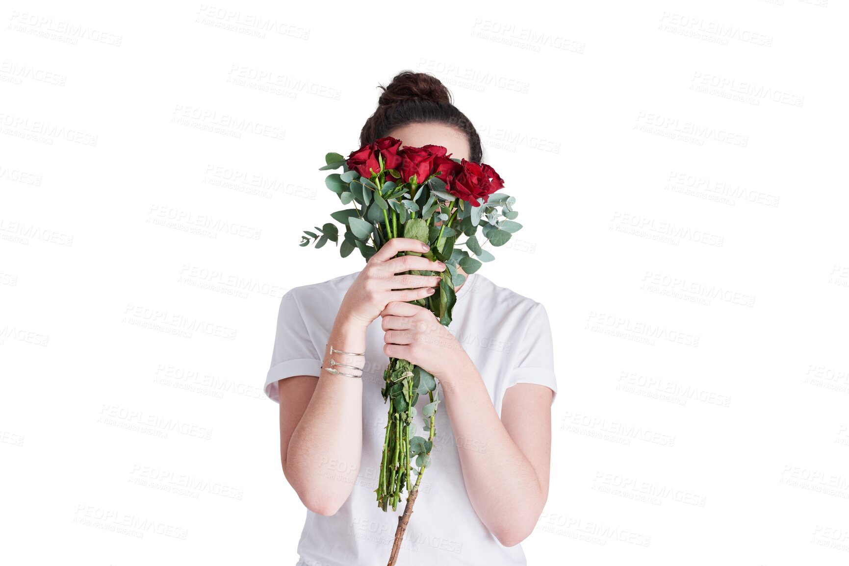 Buy stock photo Woman with roses to cover face, isolated on transparent png background for love and surprise gift. Nature, red flower bouquet and hidden girl with romantic celebration, floral present and reward.