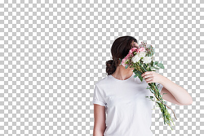 Buy stock photo Cover, flowers and shy woman behind gift on isolated, transparent and png background. Rose, present and female model hiding with floral bouquet surprise for secret crush, romance or valentines day