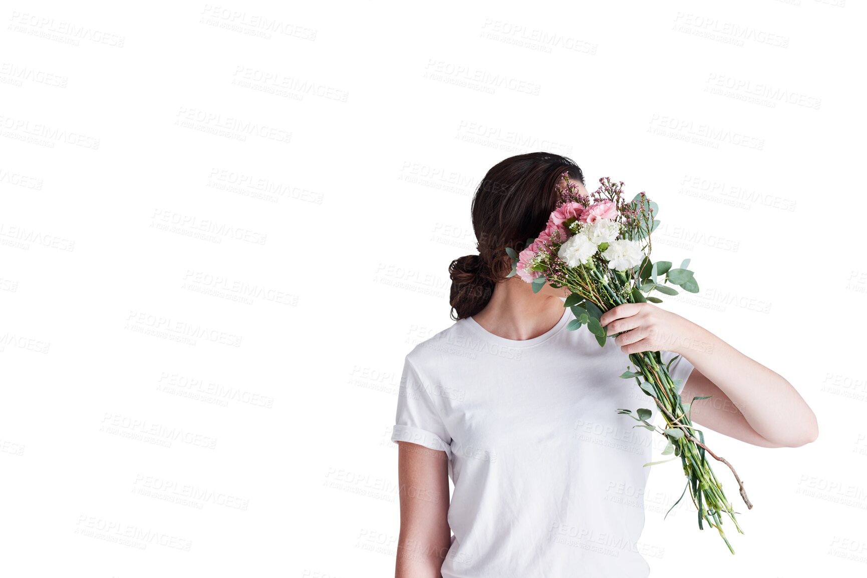 Buy stock photo Cover, flowers and shy woman behind gift on isolated, transparent and png background. Rose, present and female model hiding with floral bouquet surprise for secret crush, romance or valentines day