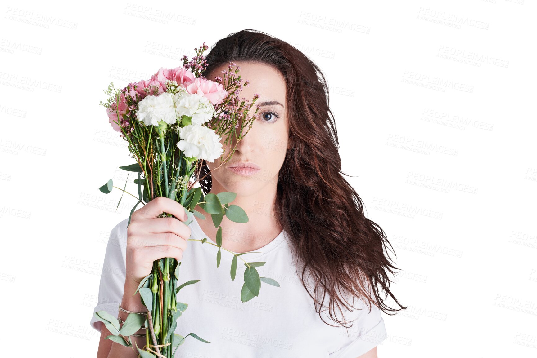 Buy stock photo Portrait, woman and bouquet of flowers for gift isolated on a transparent png background. Face, organic floral plant and present of serious girl for birthday celebration, womens day event and date