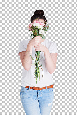 Buy stock photo Woman hiding face with present of flowers, isolated and transparent png background. Person cover with organic floral bouquet, natural plant or florist girl smell gift on womens day, holiday or date