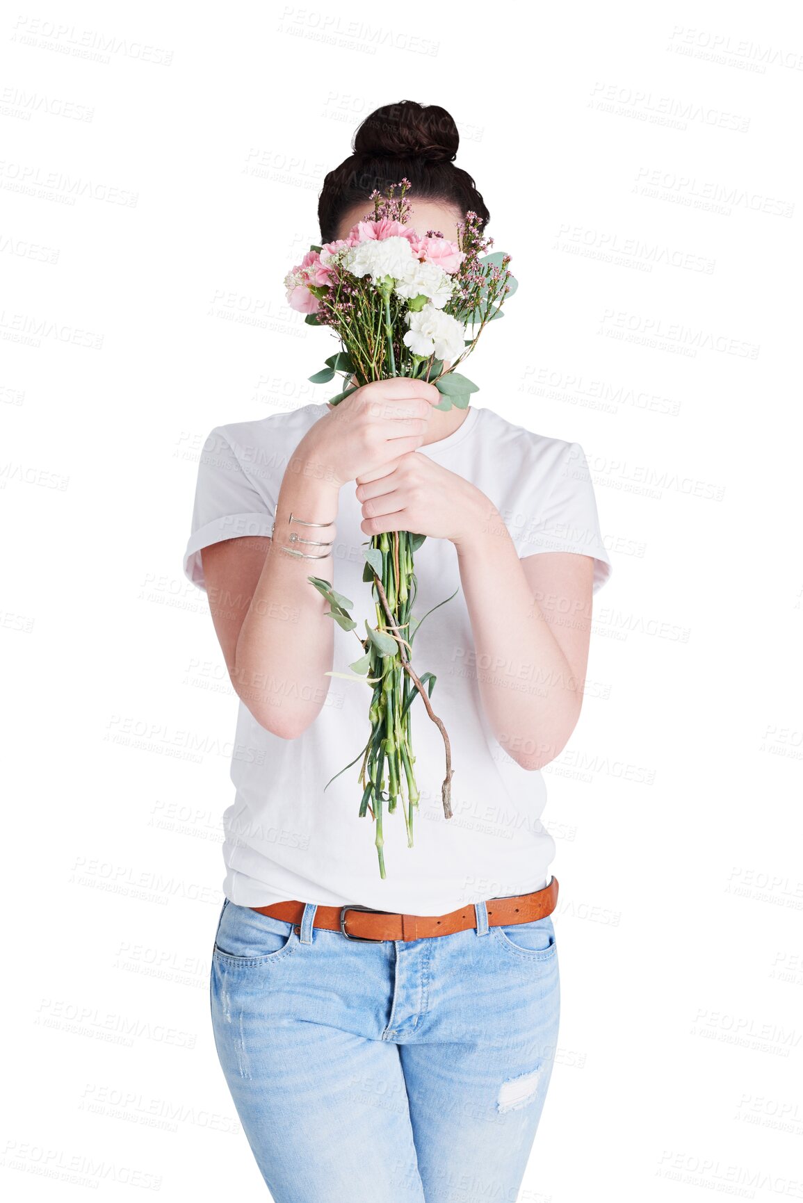 Buy stock photo Woman hiding face with present of flowers, isolated and transparent png background. Person cover with organic floral bouquet, natural plant or florist girl smell gift on womens day, holiday or date