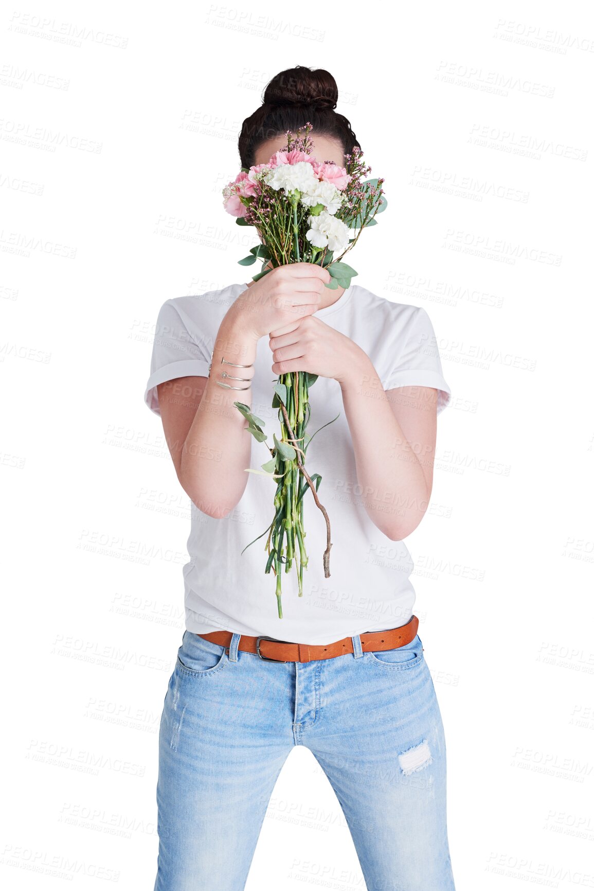 Buy stock photo Woman cover face with gift of flowers, isolated and transparent png background. Person hiding with organic floral bouquet, natural plant or florist girl smell present on womens day, holiday or date