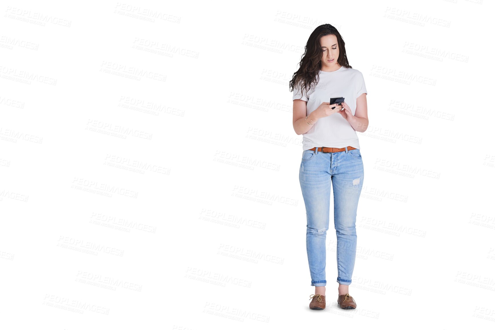 Buy stock photo Internet, typing and woman with a smartphone, social media and mobile user isolated on a transparent background. Person, model or girl with a cellphone, digital app and online reading with png or web