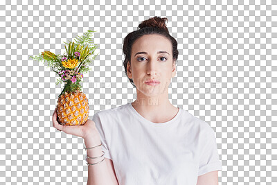 Buy stock photo Woman, portrait or pineapple fruit or organic nutrition, isolated on transparent png background. Female person, face or palm or tropical vegan morning food or breakfast eating, clean health in Canada