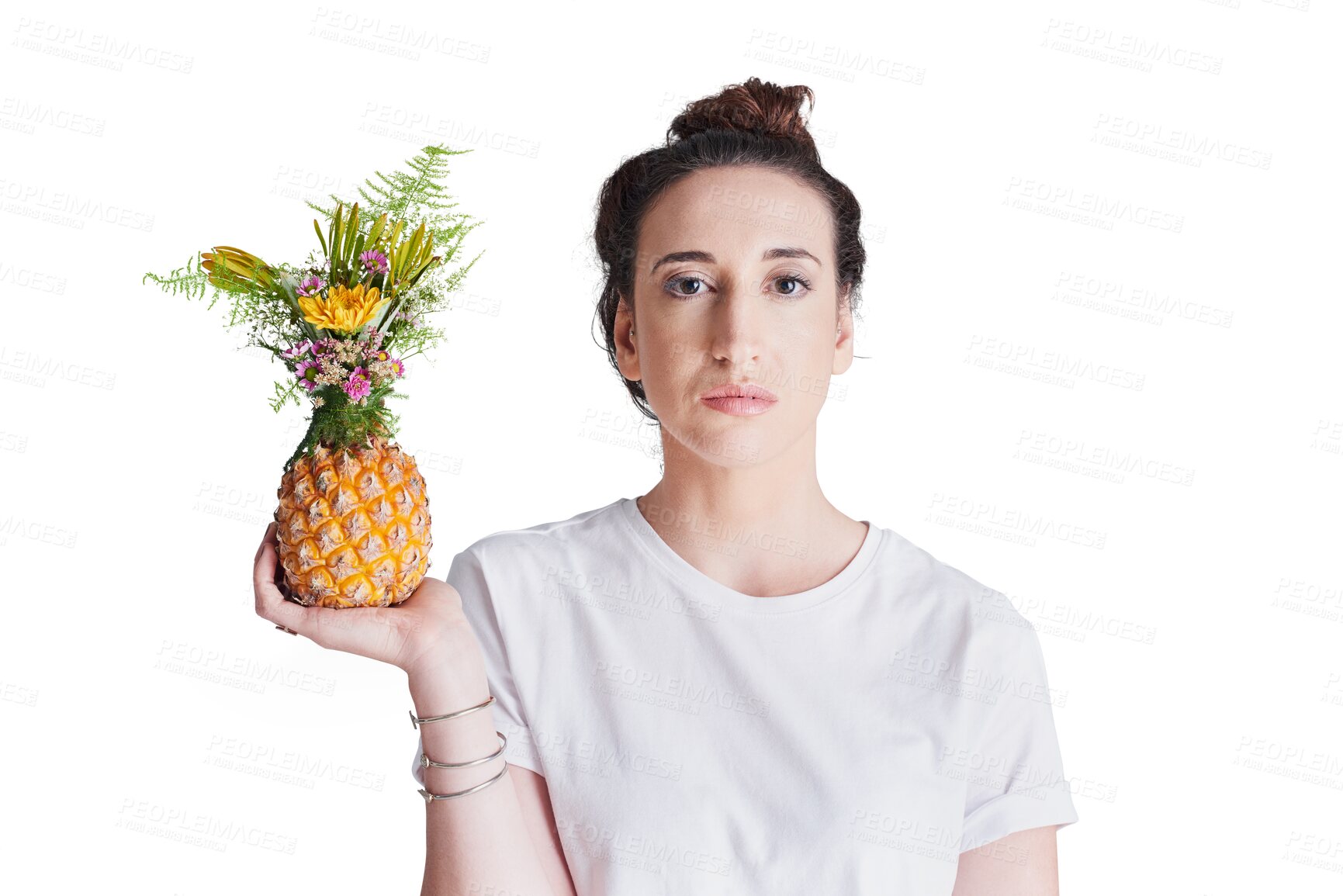 Buy stock photo Woman, portrait or pineapple fruit or organic nutrition, isolated on transparent png background. Female person, face or palm or tropical vegan morning food or breakfast eating, clean health in Canada