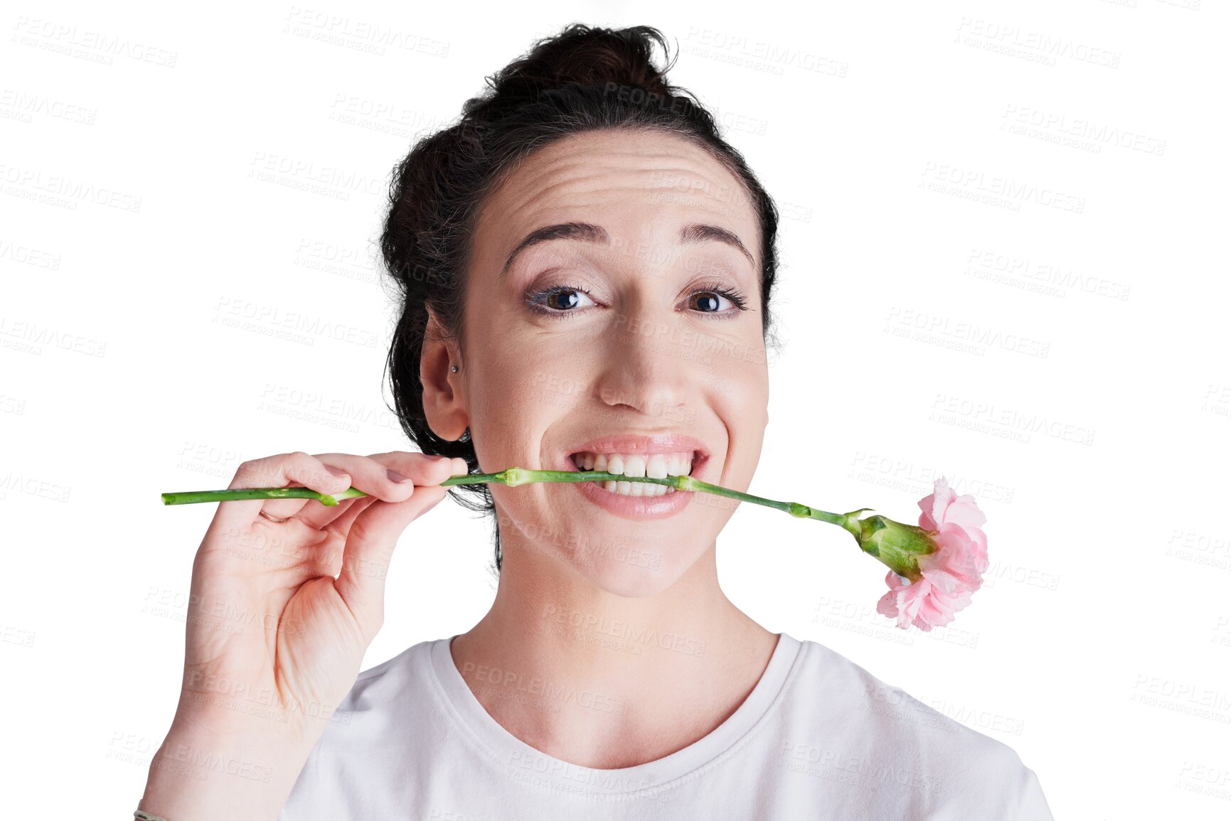 Buy stock photo Portrait of woman with flower in mouth, smile and isolated on transparent png background with love, hope and happiness. Romance, date and girl with floral gift for reward, celebration or announcement