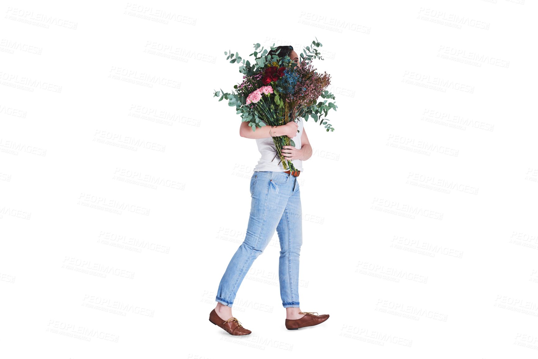 Buy stock photo Woman with bouquet, surprise and walking, isolated on transparent png background with floral present. Nature, gift of flowers and hidden girl with romantic celebration, plants and natural reward.