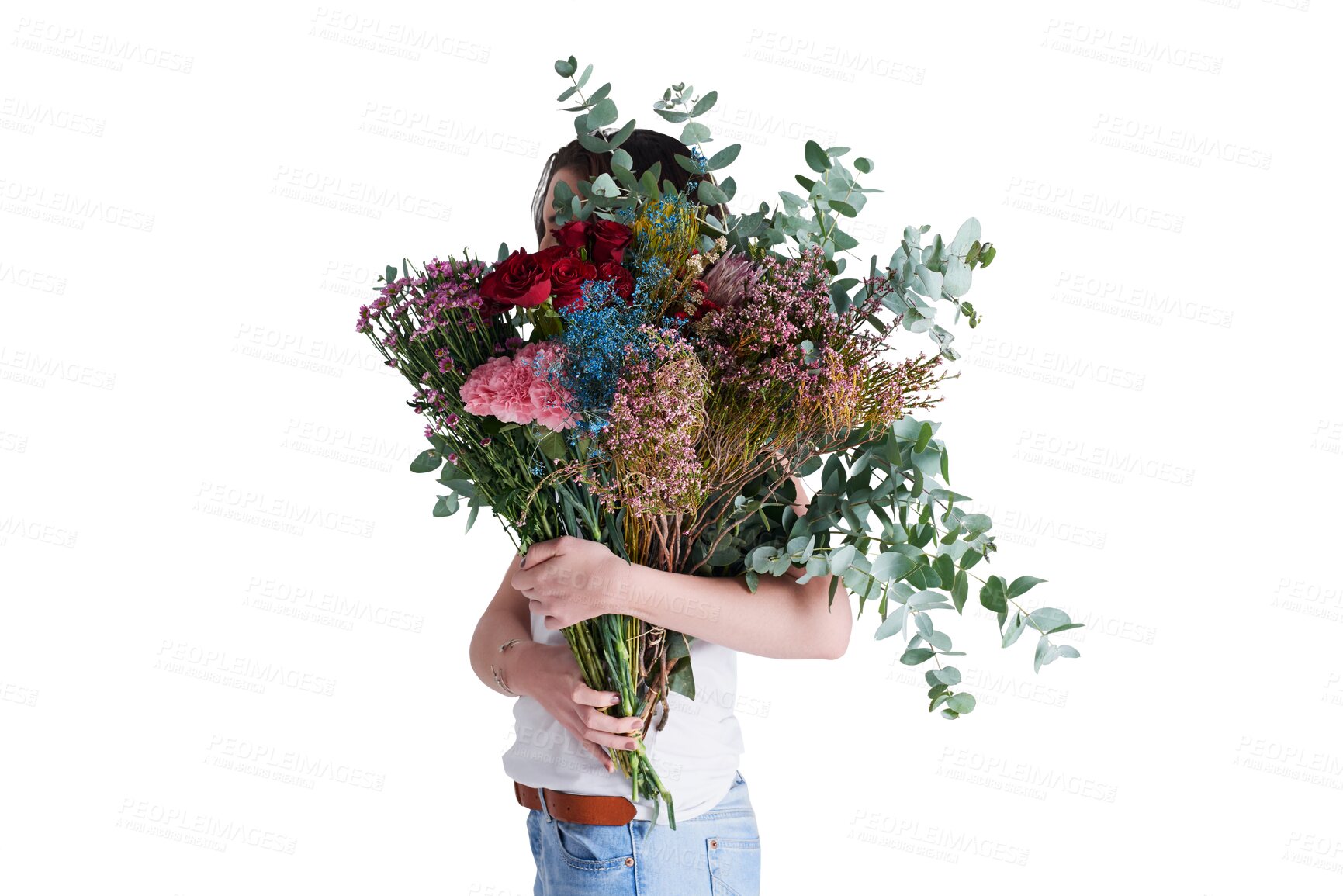 Buy stock photo Woman with bouquet to cover face, isolated on transparent png background for love and surprise. Nature, gift of red roses and hidden girl with romantic celebration, floral present and flower reward.