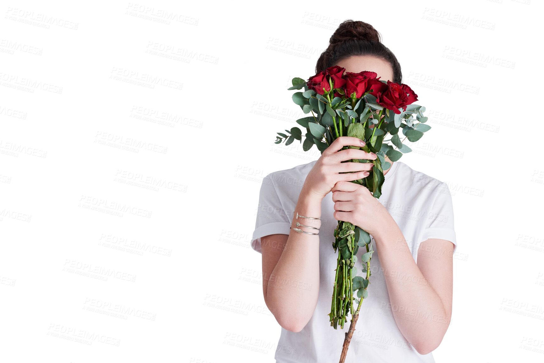 Buy stock photo Woman with bouquet of flowers to cover face, isolated on transparent png background for love and surprise. Nature, gift of roses and hidden girl with romantic celebration, floral present and reward.