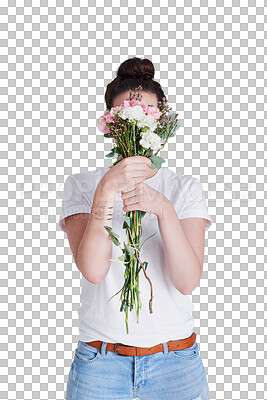 Buy stock photo Woman hiding face in bouquet of flowers, isolated and transparent png background. Person with organic floral gift, natural plant and girl or florist smell scent of present on womens holiday or event