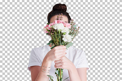 Buy stock photo Girl with bouquet to cover face, isolated on transparent png background for love and surprise gift. Nature, bunch of flowers and hidden woman with romantic celebration, floral present and reward.