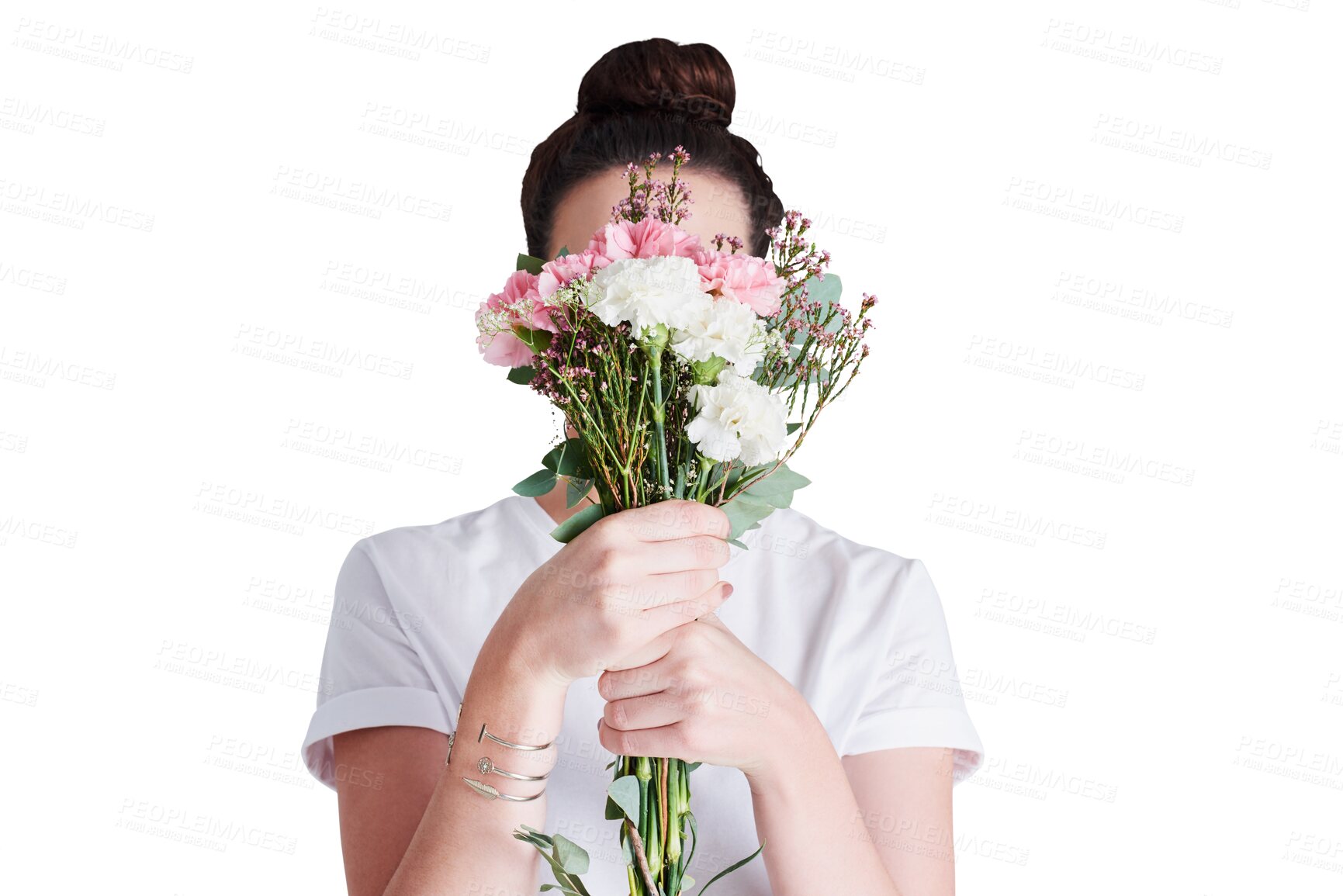 Buy stock photo Girl with bouquet to cover face, isolated on transparent png background for love and surprise gift. Nature, bunch of flowers and hidden woman with romantic celebration, floral present and reward.