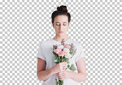 Buy stock photo Woman with bouquet, gift and isolated on transparent png background for love, surprise and spring. Thinking, flowers and girl with romantic celebration, floral present and natural reward with plants.