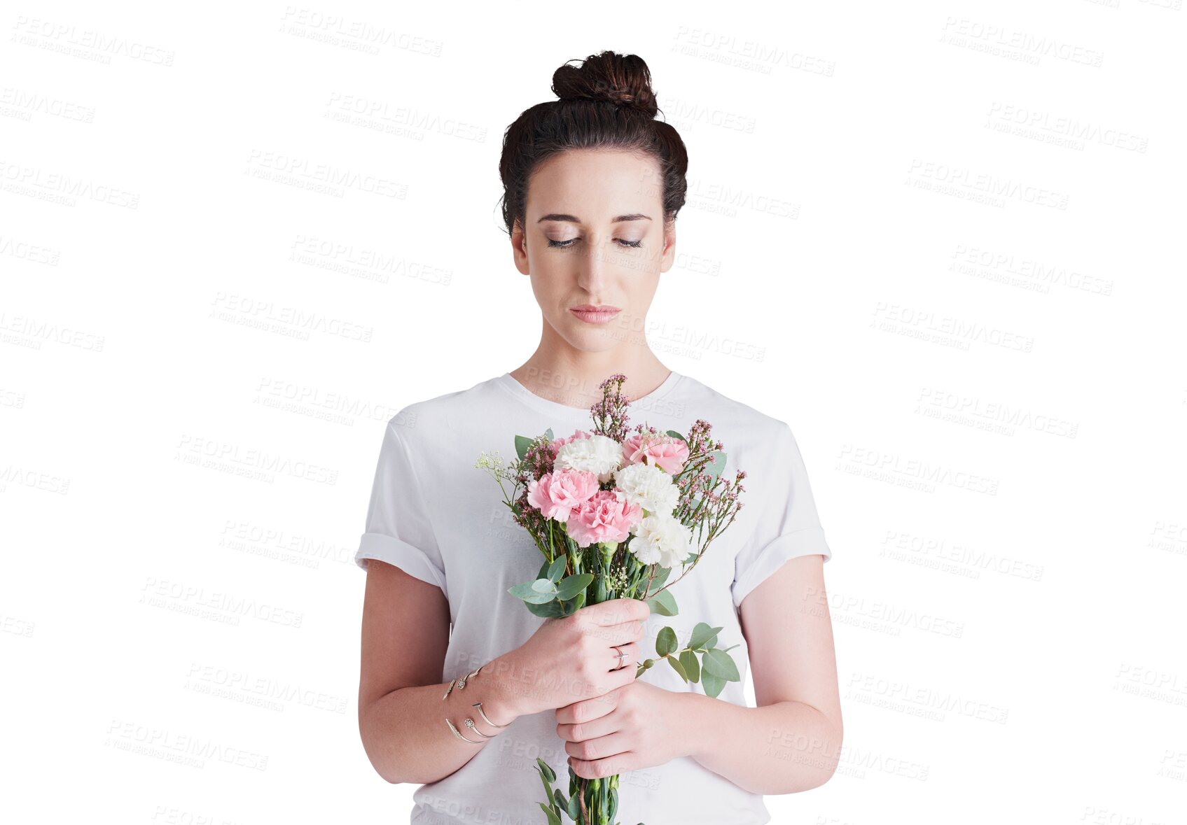 Buy stock photo Woman with bouquet, gift and isolated on transparent png background for love, surprise and spring. Thinking, flowers and girl with romantic celebration, floral present and natural reward with plants.