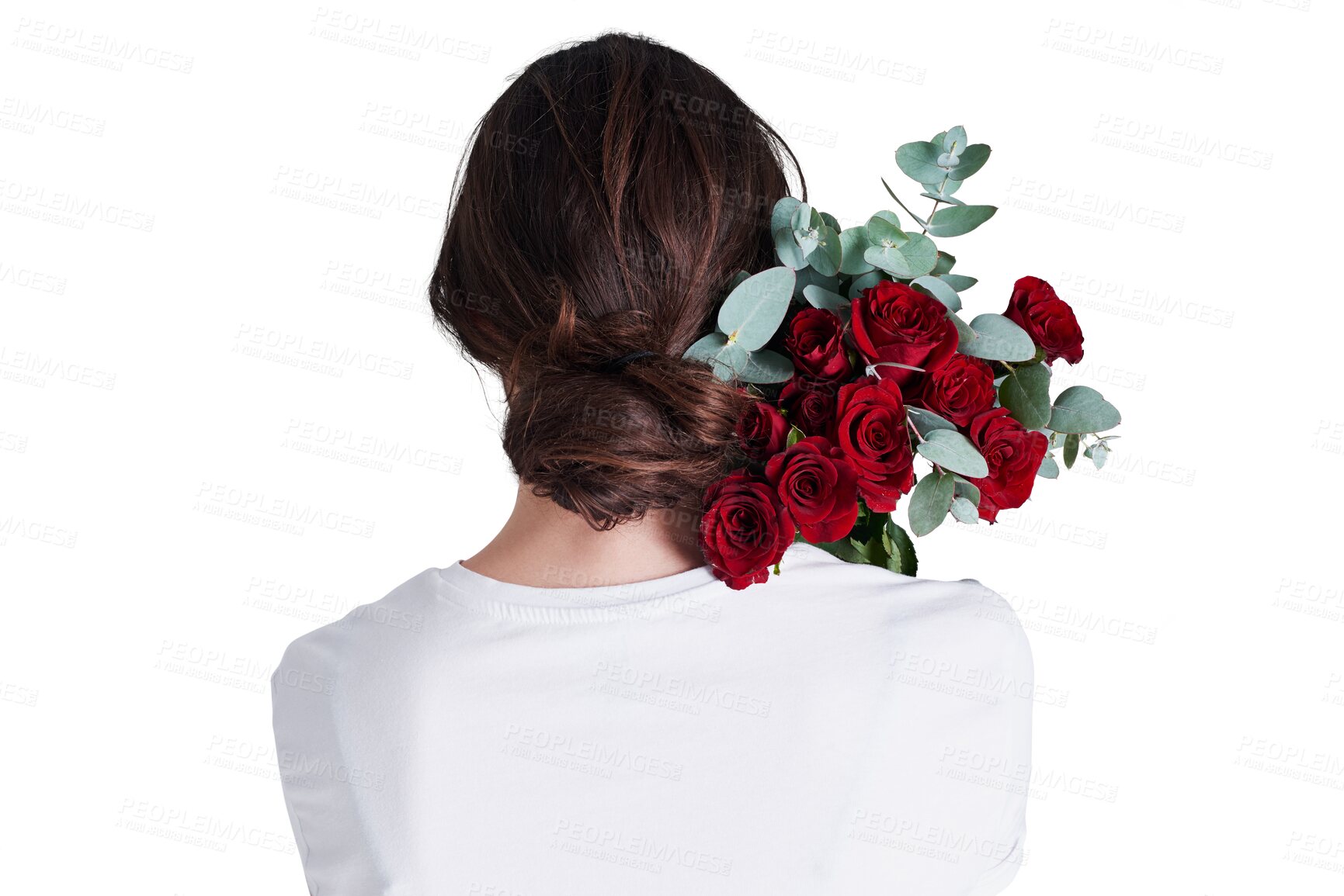 Buy stock photo Back, gift and woman with flowers, nature and girl with plants isolated on transparent background. Person, model and lady with fresh roses, png or floral bouquet with a present or natural with leaves