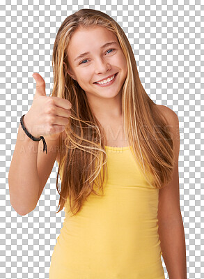 Buy stock photo Portrait, happy girl, teenager and smile with thumbs up for choice, decision and okay. Female model, youth and isolated on transparent png background with gesture for yes, great or emoji with pose