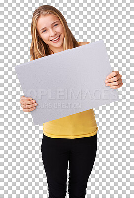 Buy stock photo Portrait, happy girl and smile with sign for announcement, poster or mockup. Female model, teenager and isolated on transparent png background with board with news with sale, discount or promotion