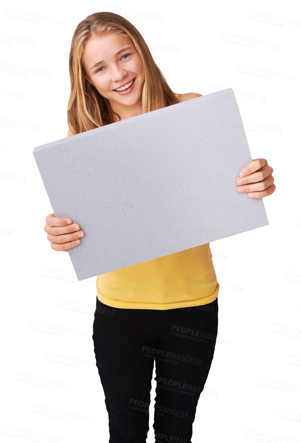 Buy stock photo Portrait, happy girl and smile with sign for announcement, poster or mockup. Female model, teenager and isolated on transparent png background with board with news with sale, discount or promotion