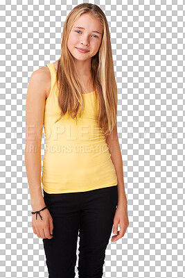 Buy stock photo Teen, girl and smile in fashion portrait for cool style, happy attitude and vacation in studio mockup. Usa student, natural face or trendy clothes for summer, isolated or transparent png background