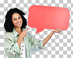 Woman, studio portrait and point at speech bubble with smile for