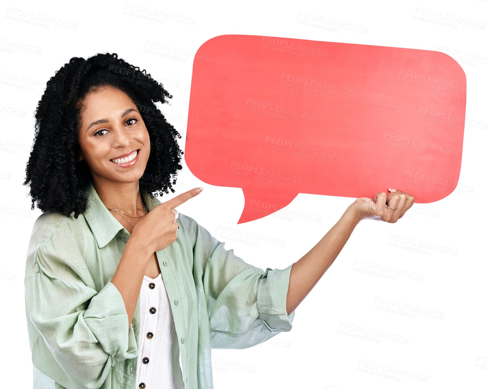 Buy stock photo Portrait, smile and woman with speech bubble, pointing and poster isolated on a transparent background. Face, person and model with cardboard, communication and announcement with png or promotion