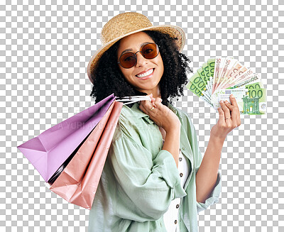 Shopping, money and portrait of happy woman in studio with cashb