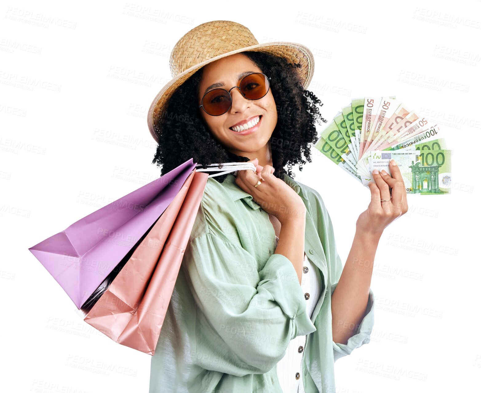 Buy stock photo Shopping bag, cash and portrait of happy woman in isolated on transparent png background with cashback, bonus or deal. Money, payment and girl excited for retail, store or offer, sale or giveaway.