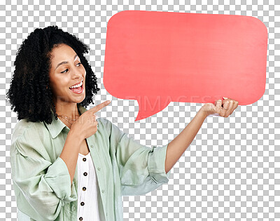 Buy stock photo Excited, smile and woman with speech bubble, pointing and poster isolated on a transparent background. Reaction, person and model with cardboard, communication and announcement with png or promotion