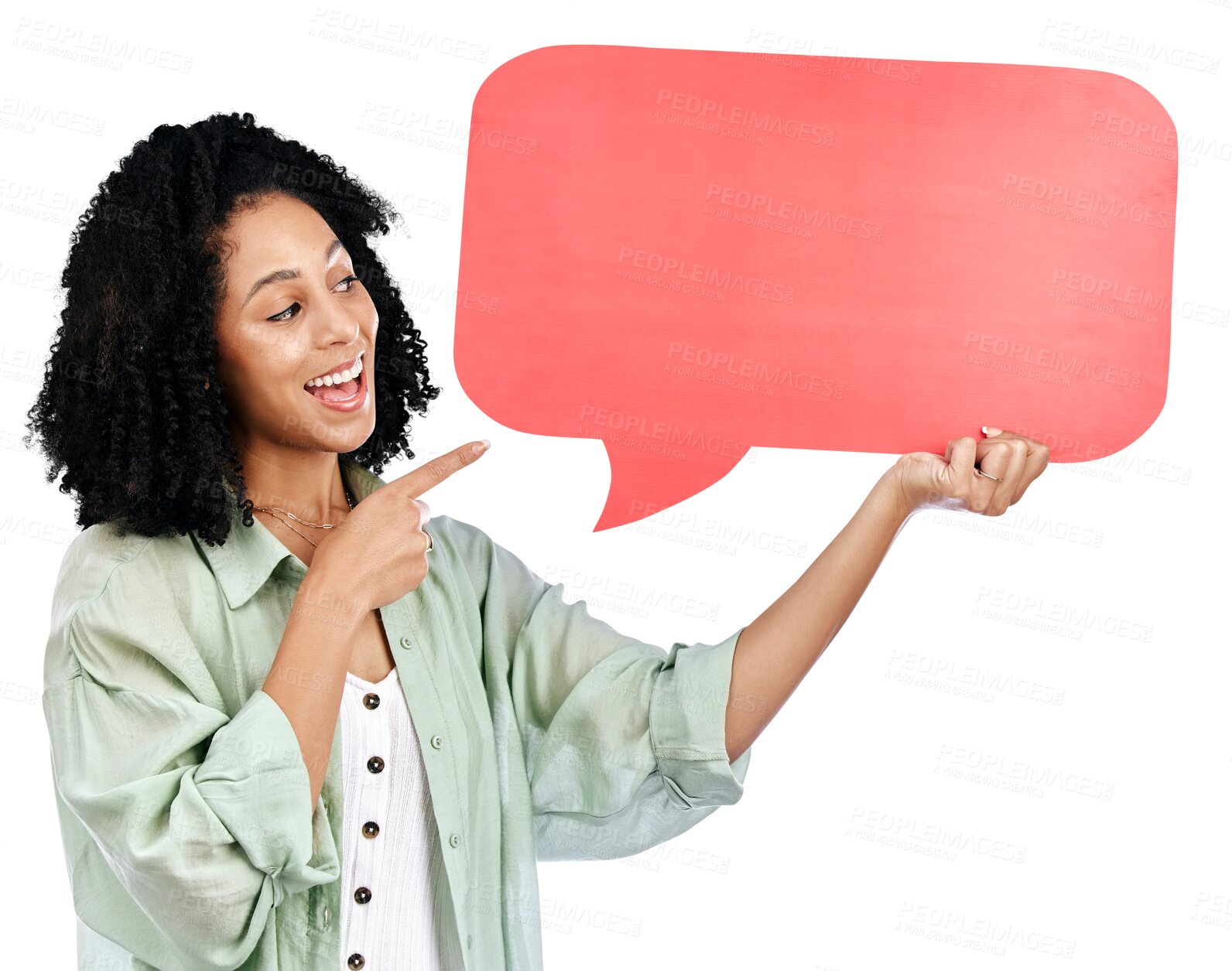 Buy stock photo Excited, smile and woman with speech bubble, pointing and poster isolated on a transparent background. Reaction, person and model with cardboard, communication and announcement with png or promotion