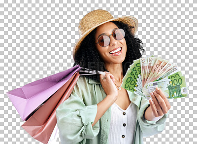 Buy stock photo Shopping bag, cash and portrait of woman in isolated on transparent png background with happy cashback, bonus or deal. Money, payment and girl excited for retail, store or offer, sale or giveaway.