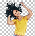 Hair, dancing and portrait of a woman with afro hairstyle, smile