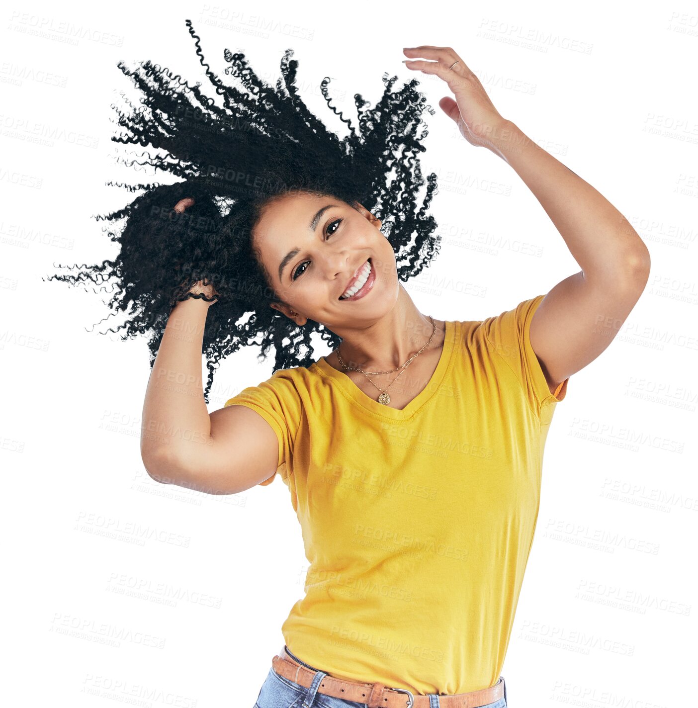 Buy stock photo Woman, afro and dancing portrait or smile isolated on transparent png background. Black person, model and face happy moving or clothes in celebration party fun or motion energy, summer look in Brazil