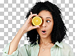 Vitamin c, lemon and eye of shocked woman with fashion for organ