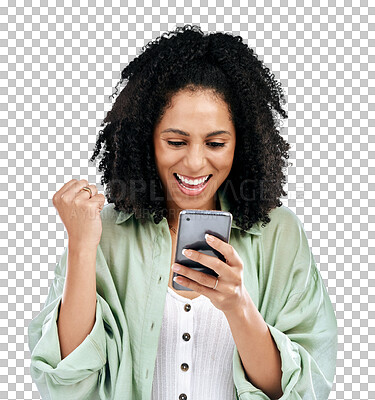 Buy stock photo Happy woman, phone and fist pump for winning, wow or celebration isolated on a transparent PNG background. Excited female person smile with mobile smartphone for online gambling, surprise or success