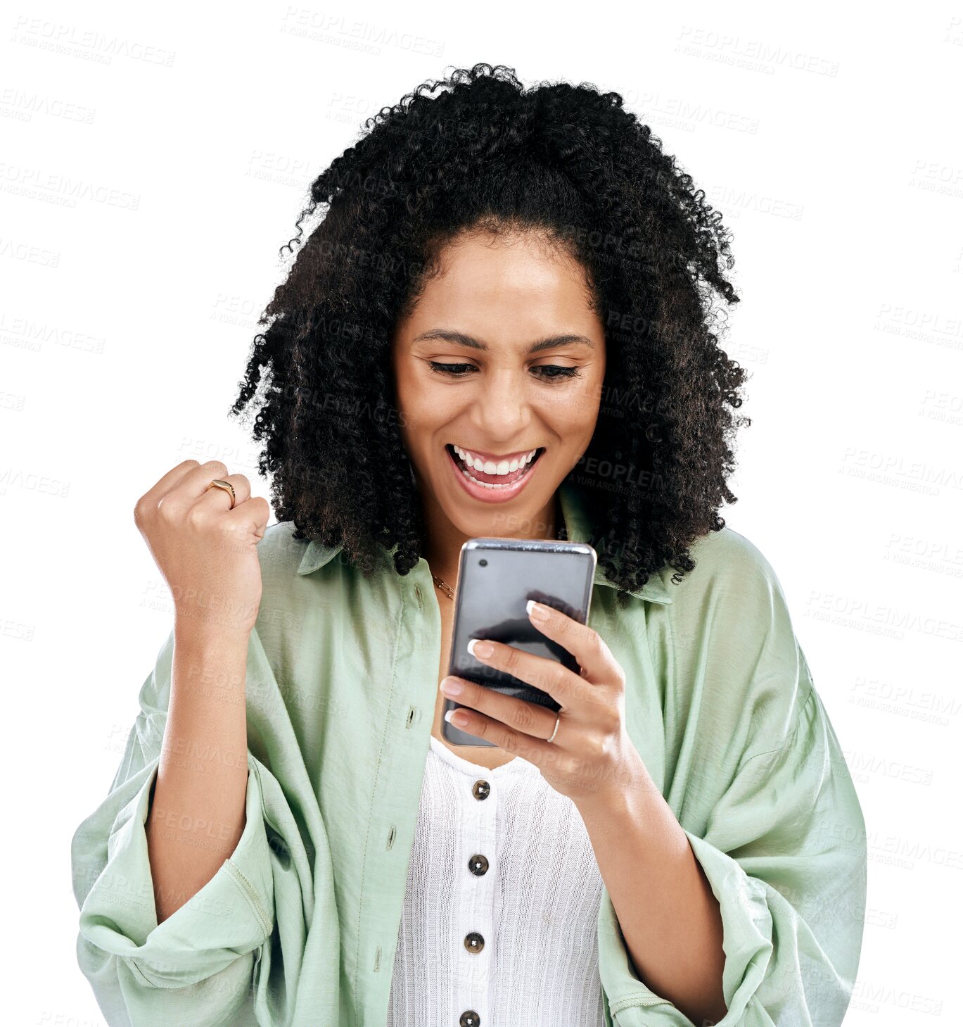 Buy stock photo Happy woman, phone and fist pump for winning, wow or celebration isolated on a transparent PNG background. Excited female person smile with mobile smartphone for online gambling, surprise or success