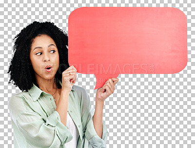 Buy stock photo Speech bubble, surprise and woman advertising space of news, social media or promotion isolated on transparent png background. Wow, sale or model with poster of quote, opinion or information about us