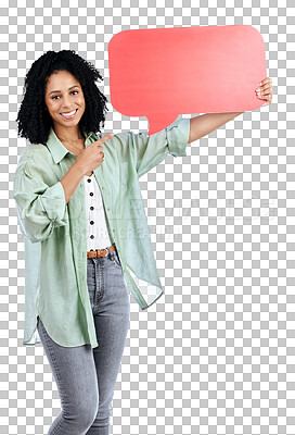 Buy stock photo Portrait, announcement and woman with speech bubble, pointing and poster isolated on transparent background. Face, person and model with cardboard, communication and information with png or promotion