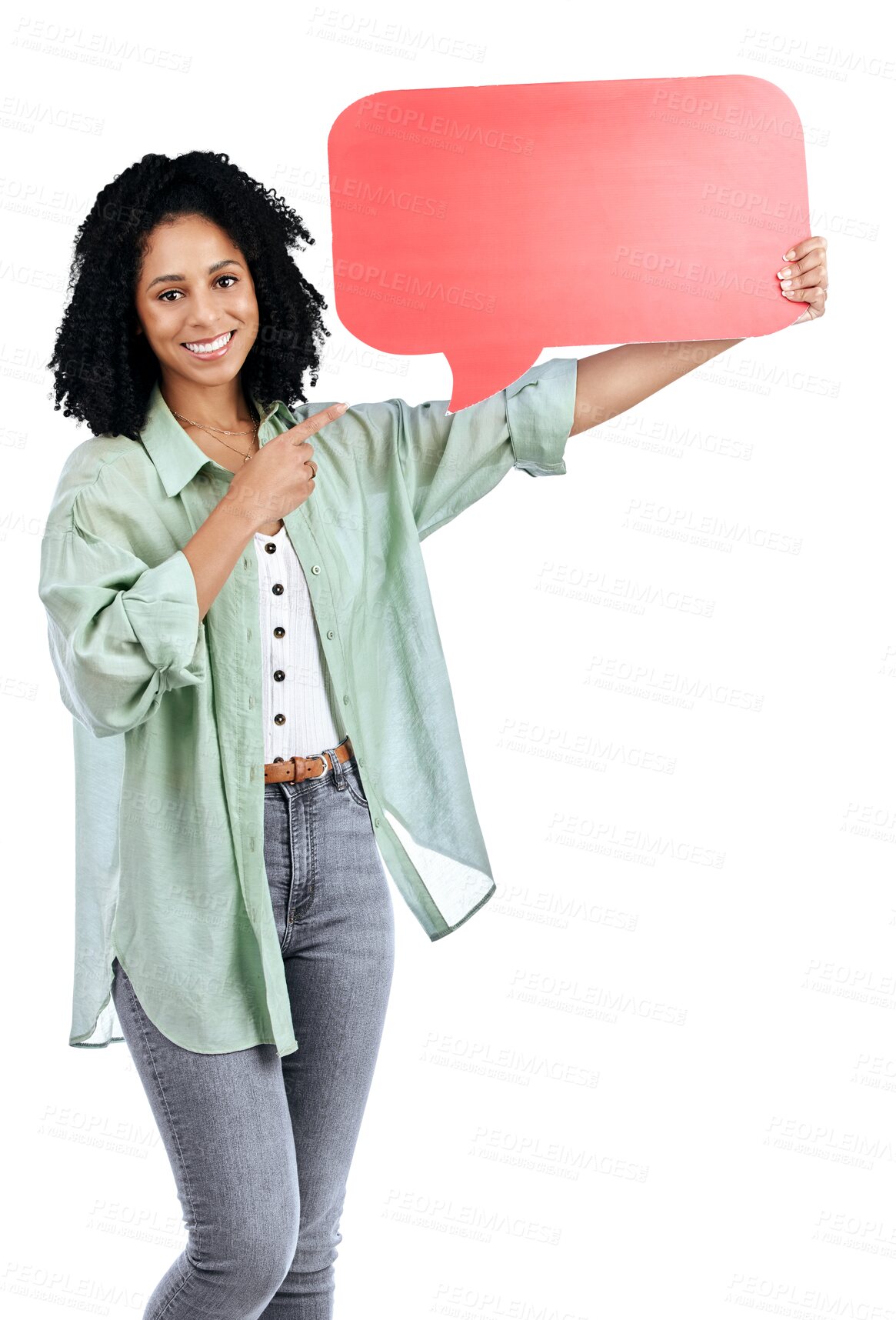 Buy stock photo Portrait, announcement and woman with speech bubble, pointing and poster isolated on transparent background. Face, person and model with cardboard, communication and information with png or promotion